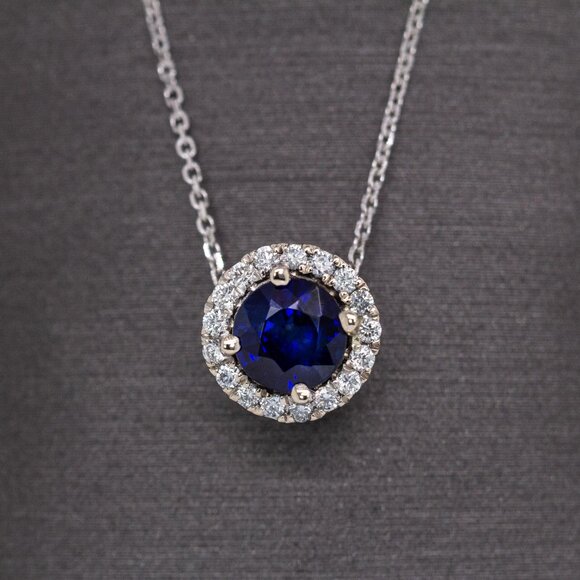 Ceylon Blue Sapphire Pendant in 14K Solid Gold with Natural Diamond Halo - Picture 4 of 8